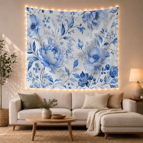 Blue Peonies and Roses in a White Chinoiserie Setting, Serene Boho for Art Lovers, Elegant Botanical Wall Decor, Housewarming Gift Tapestry Wall Hanging for Bedroom and Living Room