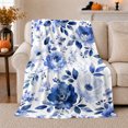 thumbnail image 1 of Blue Peony Blooms with Navy Leaves on White, Serene Botanical Watercolor Motif for Flower Lovers, Mother's Day Gift, Cozy Flannel Blanket for Bedroom and Guest Room, Elegant Home Decor, 1 of 9