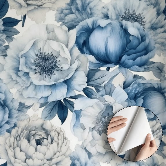 Blue Peony Floral Wallpaper Vintage Aesthetic, Self adhesive and removable, waterproof Wall Decoration for Living Room, Bedroom, Bathroom, Kitchen Cabinet, Drawer 17.7 * 118 in