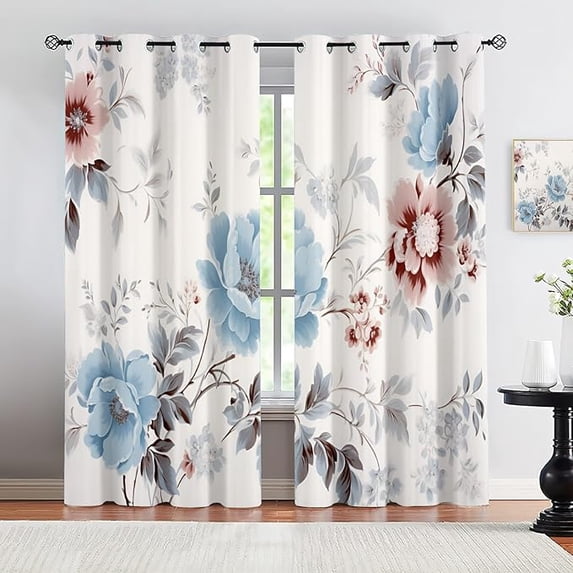 Blue Peony Length Blackout Curtains For Bedroom, Modern Plant Flowers Black Out Curtains, Thermal Insulated Room Darkening Privacy Drapes Grommet Living Room Home Decor 53"W x 96"L (Pack of 2)