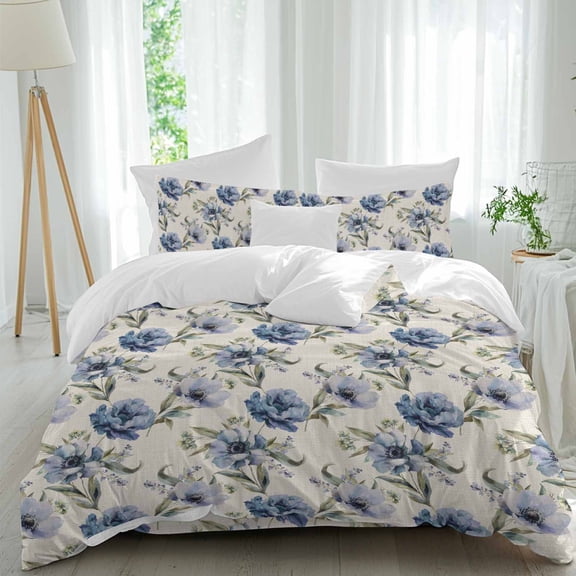 Blue Peony Queen Size Comforter Set, Watercolor Ombre Flowers Petal Leaf Beige Linen Bedding for All Seasons, 4 Pcs Bed Set, 1Quiltcover (90"x92") ,1Sheet(94"x116"), 2Pillowcases (30"x20")