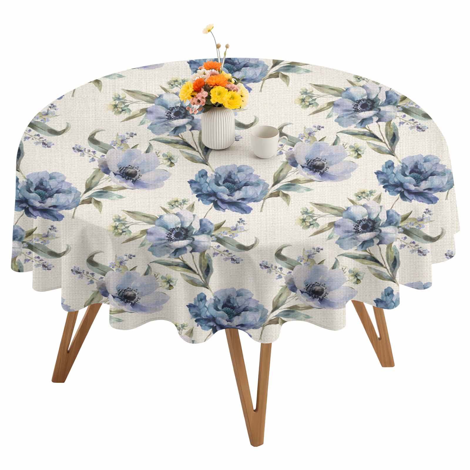 Blue Peony Round Tablecloth 60 inches Watercolor Ombre Flowers Petal ...