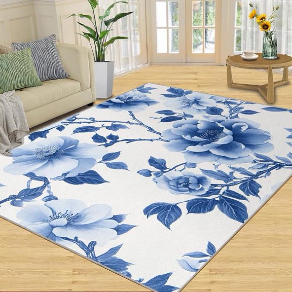 Blue Peony Rug - Ink Flower Rugs for Bedroom, Elegant Floral Area Rug, Rugs for Living Room, Non Slip & Low-Pile, Washable Indoor Neutral Classic Carpet & Home Decor 5 x 7ft