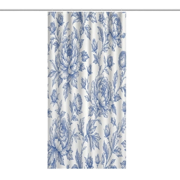 Blue Peony Toile Floral Pattern Print Shower Curtain,Cloth Fabric Waterproof Polyester Bathroom Home Decor Set with Hooks