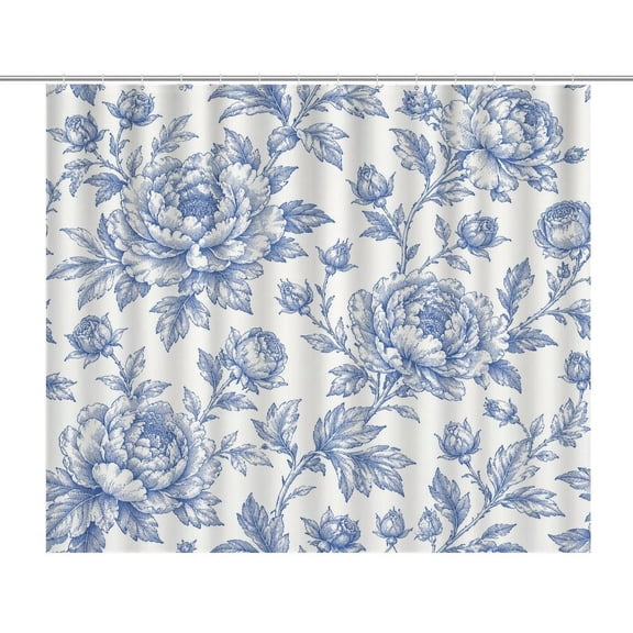 Blue Peony Toile Floral Pattern Print Shower Curtain,Cloth Fabric Waterproof Polyester Bathroom Home Decor Set with Hooks