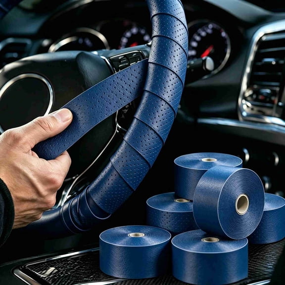 Blue Perforated Car Steering Wheel Wrap Tape 6PCS, 1in x 3.44ft Self-Adhesive Breathable Leather Grip Tape, Anti-Scratch Steering Wheel Repair Wrap Tape for All Vehicle Steering Wheels