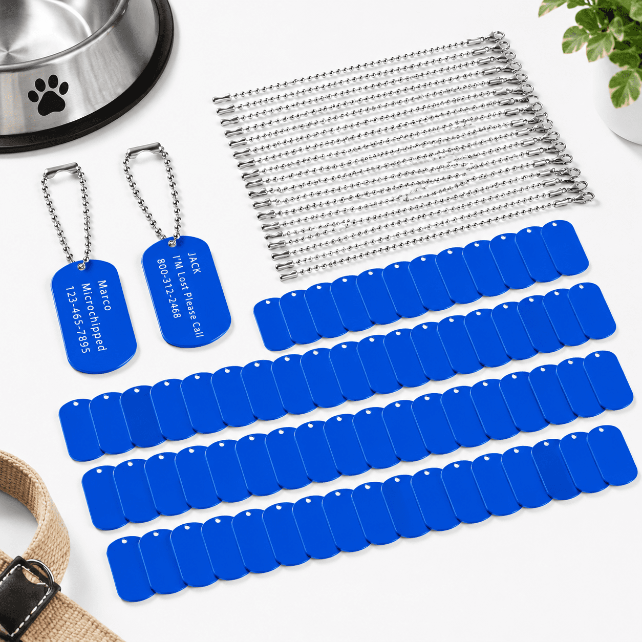 Blue Pet ID Tag Set with 100 Blank Aluminum Tags and Stainless Steel ...