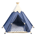 thumbnail image 1 of Blue Pet Teepee, 23.6 in / 60 cm Small Dog Tent & Cat Bed with Removable Cushion, Plush Top, Foldable Pet Tent for Indoor and Outdoor, Portable Dog House with Wooden Frame, Easy to Assemble, 1 of 8