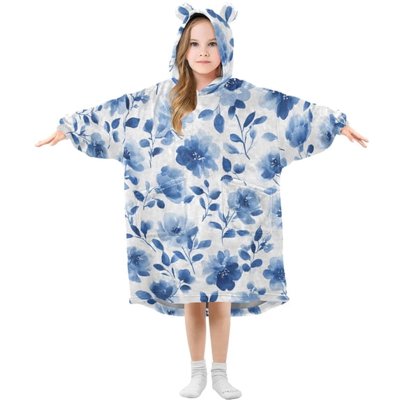 Blue Petals Leaves Elegant Syle Flannel Wearable Blankets Hooded Design Long Sleeves Wrap Unisex for 3T-14Y L