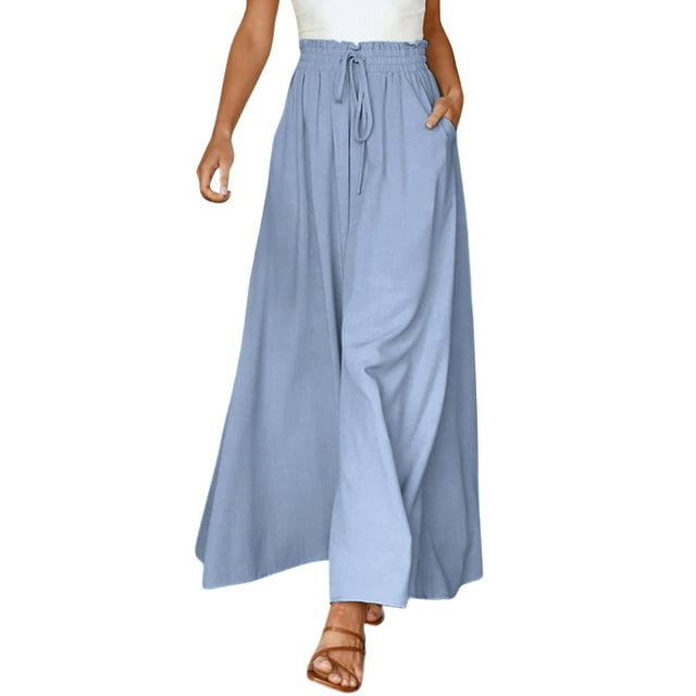 Blue Petite Wide Leg Pants For Women, Polyester Dress Pants For Women