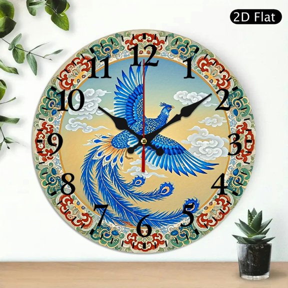 Blue Phoenix Wall Clock Round Decorative Art Design 10x10 Inch Silent Quartz Clock for Living Room Bedroom Home Decor, 1pc, Battery Not Included