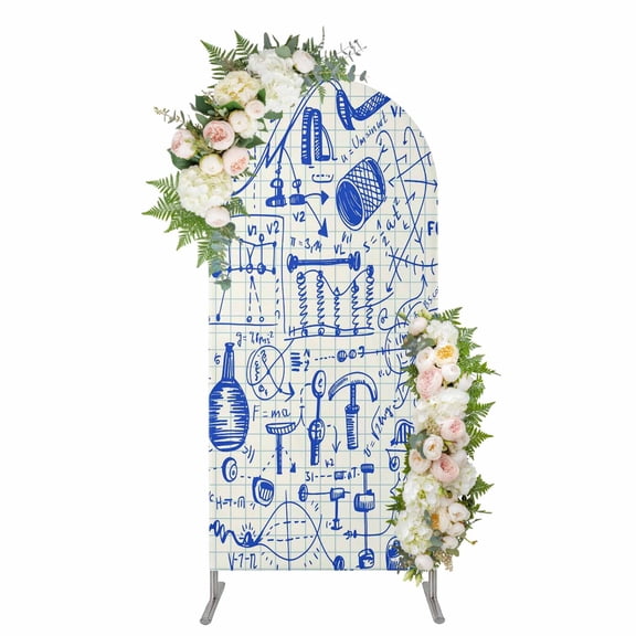 Blue Physics Arch Backdrop Cover 5FT, Model Laboratory Formula Equations Plaid Spandex Fitted Stretchy Arch Stand Covers, Round Top Chiara Backdrop Cover for Wedding Party Birthday Baby Shower