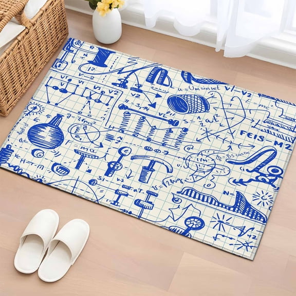 Blue Physics Entryway Rug 2'x3'&nbsp; Non Slip Front Door Mats, Model Laboratory Formula Equations Plaid Entrance Rugs Indoor Outdoor Carpet, Washable Floor Mats Small Area Rug for Bedroom Kitchen