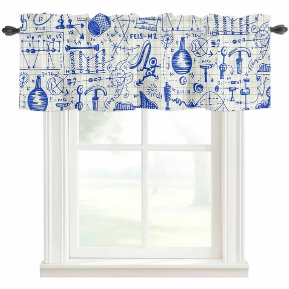 Blue Physics Rod Pocket Curtain Valance, Model Laboratory Formula Equations Plaid Farmhouse Window Valance for Living Room, Bedroom, Kitchen 42"W x 12"L
