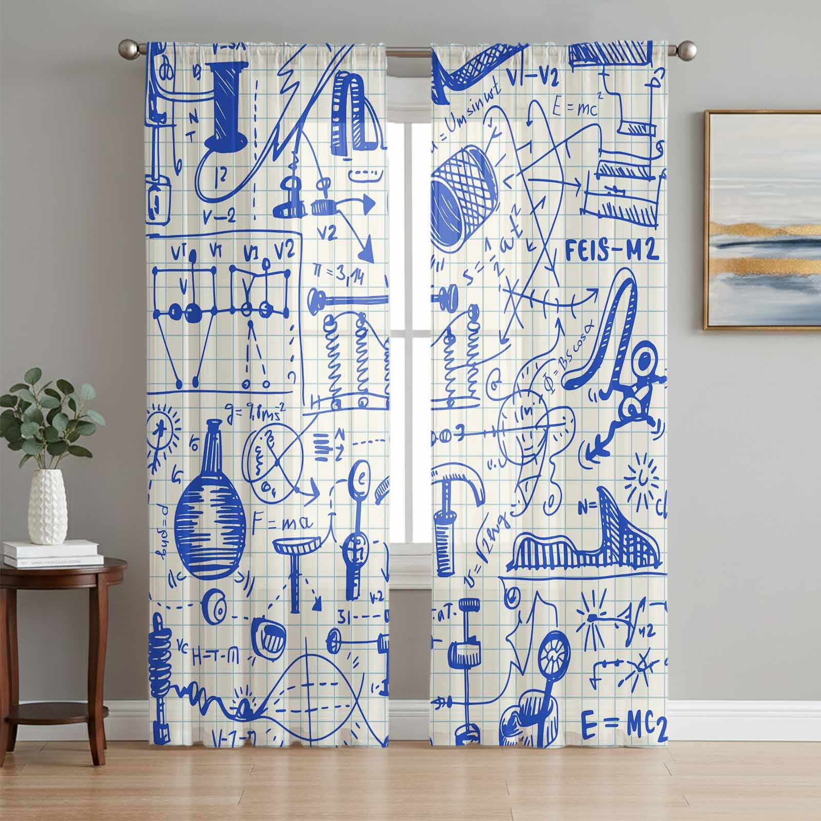 Labroatory Curtain Blue Physics Sheer Curtains 63 Inch Length 2 Panels for Living Room ...