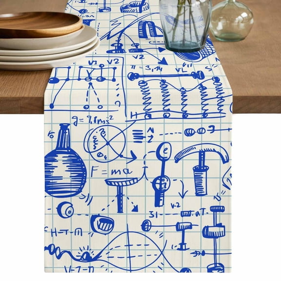 Blue Physics Table Runner 36 Inches, Model Laboratory Formula Equations Plaid Bed Runner Dresser Scarves Tabletop for Indoor Outdoor Parties/Ceremony/Banquet, 13"x 36"