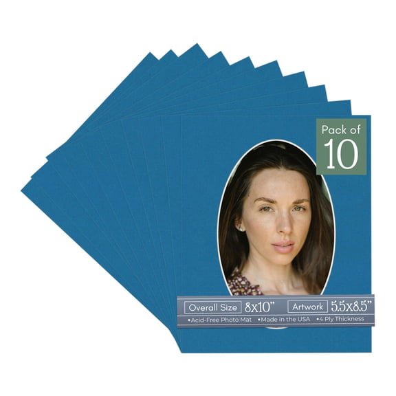 Blue Picture Frame Mat for 8x10 Frames - Oval Opening for 5.5x8.5 Photos - 10 Mats