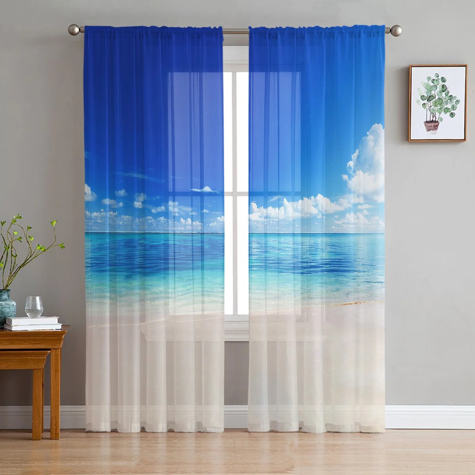 Blue Piece Sea Tulle Curtains for Living Room Drapes Window Sheer