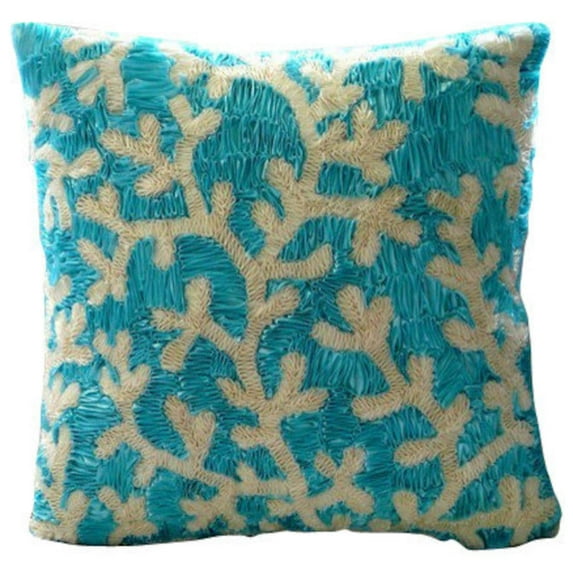 Blue Pillow Cover 20x20 inch (50x50 cm), Handmade Blue Pillow Cover, Corals Ribbon Beach Ocean Pillow Cover, Floral Mediterranean Throw Pillow Cover, Square Silk, Sea - Aqua Ornate