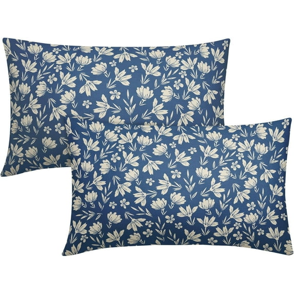 Blue Pillow Covers 12x20 Set of 2 Vintage Floral Rustic Old Style Cute Flower Print Rectangle Decorative Outdoor Pillowcases Seasonal Farmhouse Throw Cushion Case Couch Sofa Bed Decor