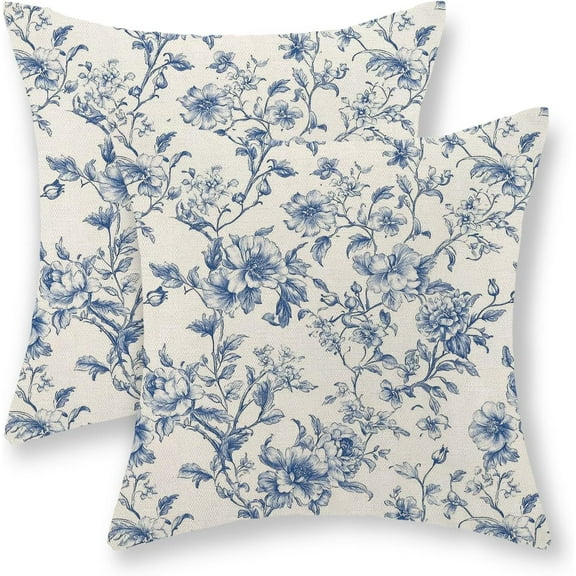 Blue Pillow Covers 18x18 Set of 2 Blue and Cream Floral Chinoiserie Throw Pillows Vintage Rustic Toile Flower Decorative Pillow Cases Outdoor Chinoiserie Decor Cushion Case for Couch Bed Sofa