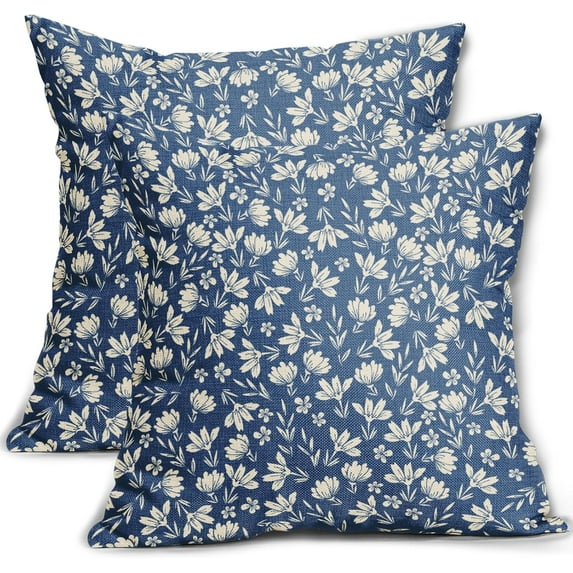 Blue Pillow Covers 18x18 Set of 2 Vintage Floral Rustic Old Style Cute Flower Print Decorative Outdoor Pillowcases Seasonal Farmhouse Throw Cushion Case Decor for Couch Sofa Bed