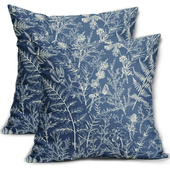 Blue Pillow Covers 20x20 Set of 2 Vintage Floral Botanical Print Spring Flower Plant Pattern Decorative Throw Pillow Cases Outdoor Farmhouse Decor for Home Sofa Couch Bed