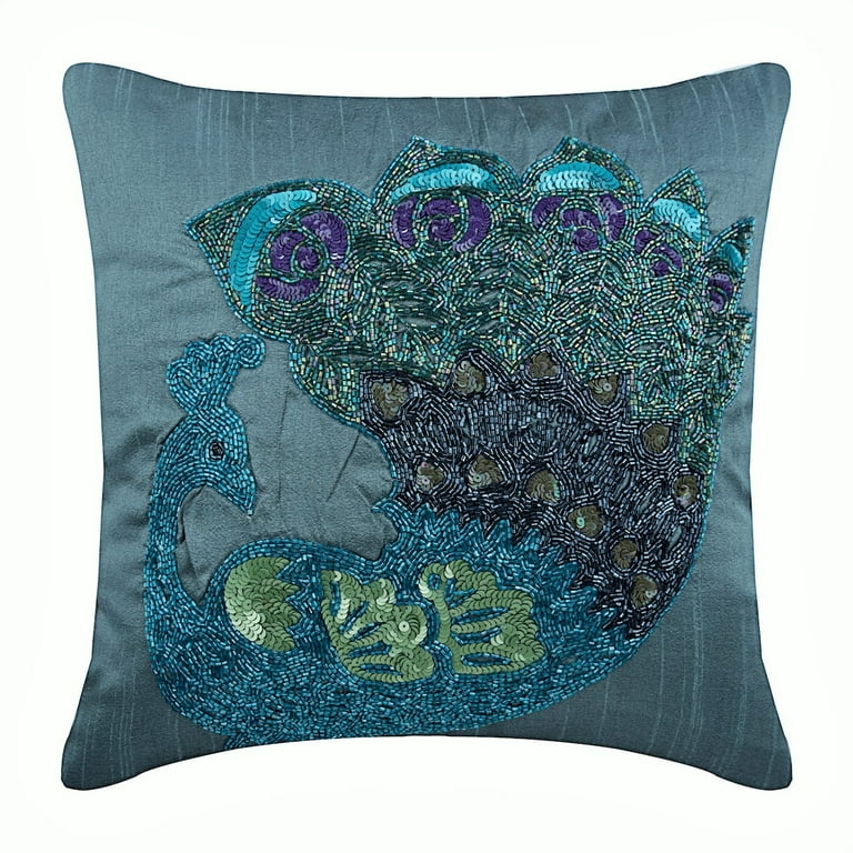 Blue Pillow case Multicolor Beaded Peacock Pillow Cover 14x14 inch 35x35 cm Throw Pillow Cover Square Silk Throw Pillow Cover Floral