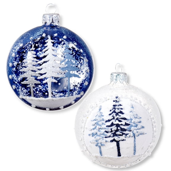 Blue Pine Blown Glass Ornaments - European Mouth-Blown Glass Balls, Set of 2 Blue and White