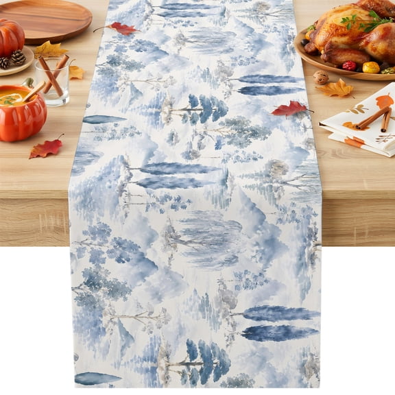 Blue Pine Tree Cotton Linen Table Runner Blue Rolling Hills Willow Trees Forest Clouds Fog Dining Table Runners for Home Decor Party Dining Room Restaurant Kitchen Party 13" x 60"