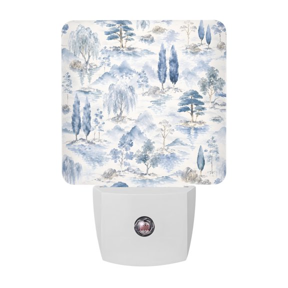 Blue Pine Tree Night Lights, Blue Rolling Hills Willow Trees Forest Clouds Fog Smart Auto Dusk to Dawn Sensor Nightlights Plug-in Nightlight for Bedroom Bathroom Living Room Kitchen Hallway
