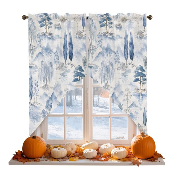 Blue Pine Tree Swag Curtain Valances for Kitchen, Blue Rolling Hills Willow Trees Forest Clouds Fog Rod Pocket Curtains Window Treatment Swag Valance for Bedroom Bathroom, 2 Panels 28 x 36 Inch