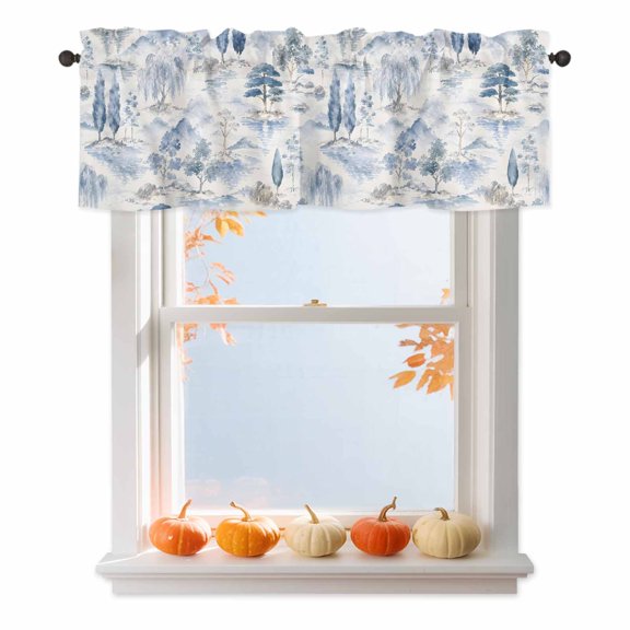 Blue Pine Tree Valances for Windows, Blue Rolling Hills Willow Trees Forest Clouds Fog Rod Pocket Valance Short Window Treatments Curtains for Kitchen Bathroom Bedroom Decor, 42 x 12 Inches