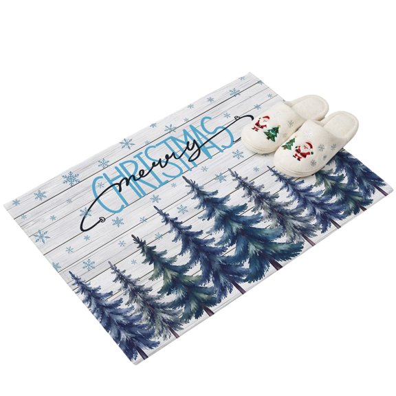 Blue Pine Trees Entryway Rug 2'x3' Merry Christmas Snowflakes Winter Gray Wood Grain Small Area Rug Non-Slip Front Door Mat Washable Floor for Front‑Door Area, Kitchen Sink Zone, Bathroom