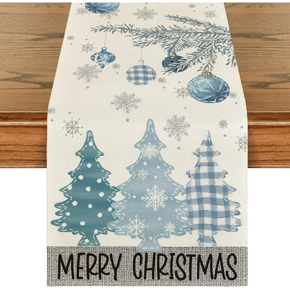 Blue Pine Trees Merry Christmas Table Runner, Winter Xmas Holiday Kitchen Dining Table Decoration for Home Party Decor 13x36 Inch