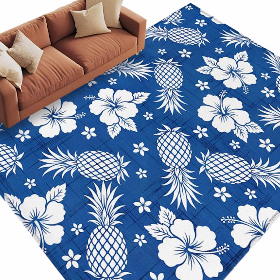Blue Pineapple Floral Area Rug 5x7 Washable Rug Non Slip Summer Tropical Farmhouse Flowers Large Area Rug Soft Stainresistant Indoor Floor Carpet for Living Room Bedroom Office Dining Room Nursery