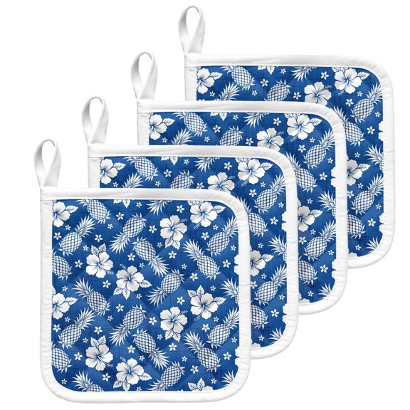 Blue Pineapple Floral Pot Holders for Kitchen Heatproof Potholder, 4 Pack Summer Tropical Farmhouse Flowers Hot Pads Multipurpose Oven Pads Terry Cloth Potholders Trivet for Cooking and Baking