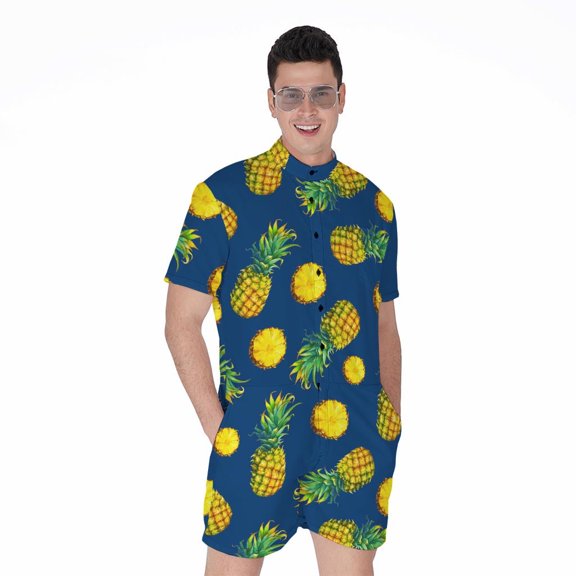Blue Pineapple Pattern Short Sleeve Men'S Rompers Casual Summer Jumpsuits Outfit