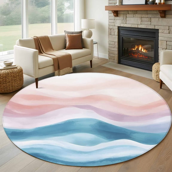 Blue Pink 6FT Round Area Rugs for Living Room Ombre Sea Wave Abstract Watercolor Ocean Coastal Ultra-Thin Non-Slip Round Rugs Machine Washable Low Pile Circle Carpet for Bedroom Kitchen Nursery