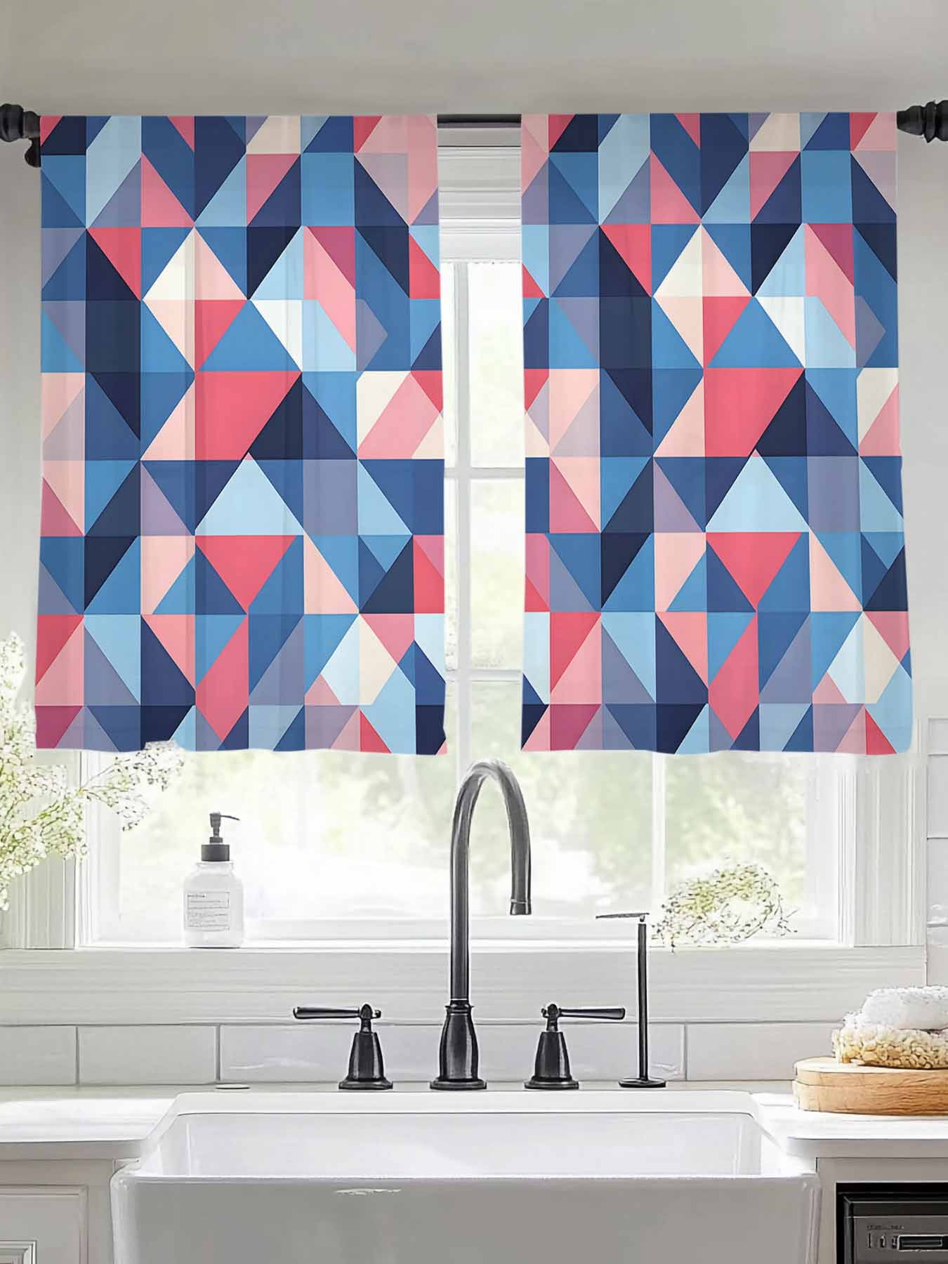 Blue Pink Abstract Art Sheer Curtains for Living Room Bedroom Geometric