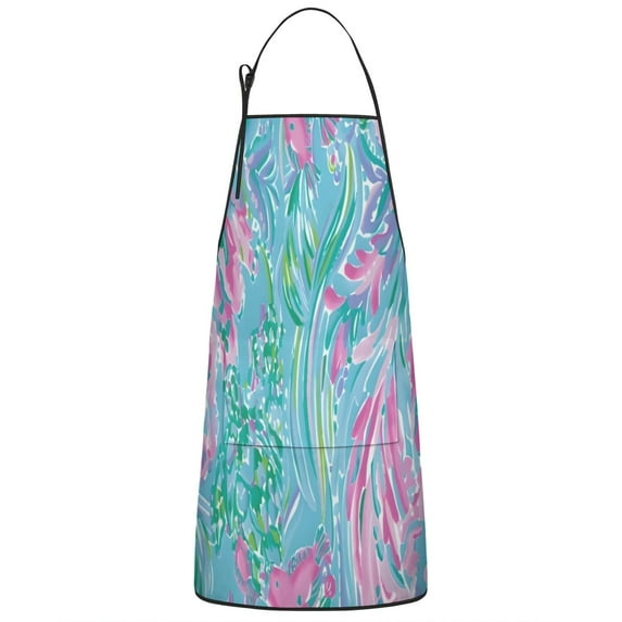 Blue and Pink Abstract Pattern Apron-Garden Aprons for Women with Pockets-Cotton Linen Waterproof Kitchen Cooking Gardening Aprons Adjustable for Kitchen,Cooking,BBQ and Salon 33x27 Inch