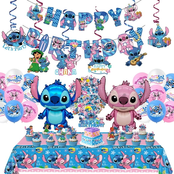 Blue Pink Aloha Cartoon Birthday Decorations Set Include Banner, Balloons, Hanging Swirls, Stickers,Cake Cupcake Toppers, Tablecloth for Birthday Theme Party Supplies