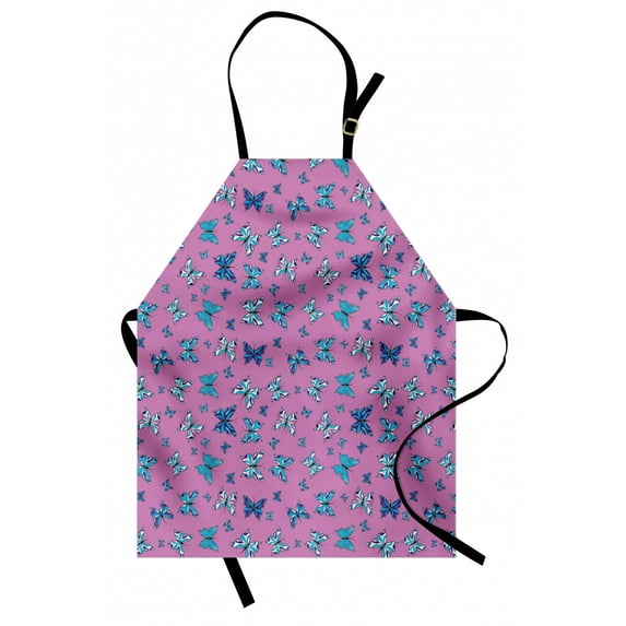 Blue and Pink Apron, Abstract Butterflies Repeating Pattern on Pink Background Print, Unisex Kitchen Bib with Adjustable Neck for Cooking Gardening, Adult Size, Multicolor, by Ambesonne