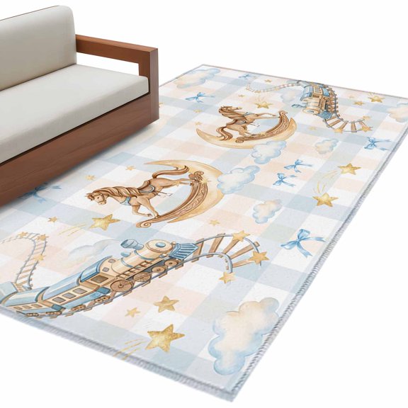 Blue Pink Area Rug 4x6 Washable Rug Non Slip Cute Hobbyhorse Train Cloud Plaid Large Area Rug Indoor Floor Carpet for Entryway Bedroom Kitchen Living Room Home Office Dining Room Nursery