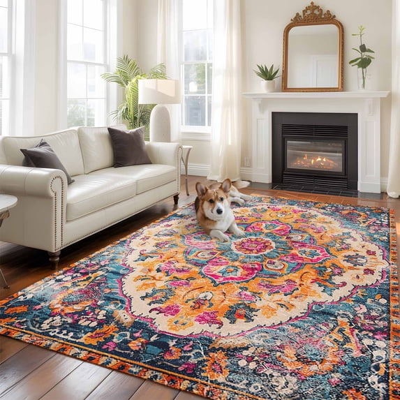 Blue Pink Area Rug 5x8 FT, Non Slip Bedroom Throw Carpet, Boho Middle Century Geometric Abstract Washable Soft Floor Carpet Non-Shedding Rug for Living Room Nursery Dorm Office