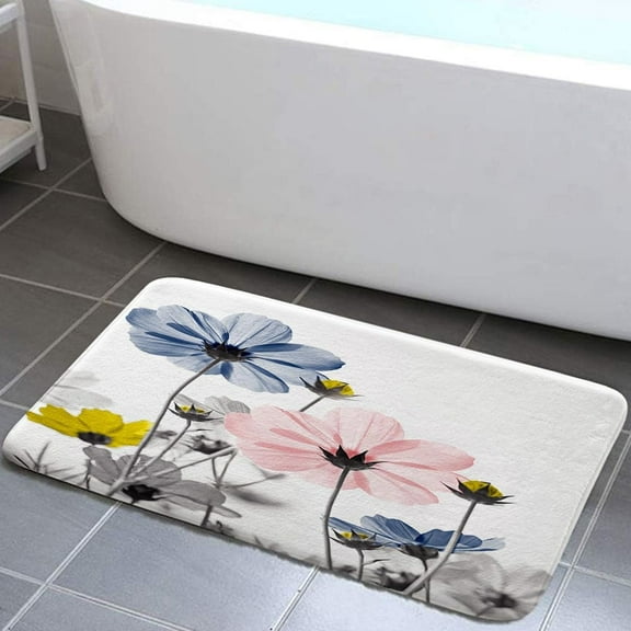 Blue Pink Bathroom Rugs Mat, Cute Daisy Flower Elegant Wildflower Design Farmhouse Bath Rugs, Unique Floral Door Mats, 17X29in