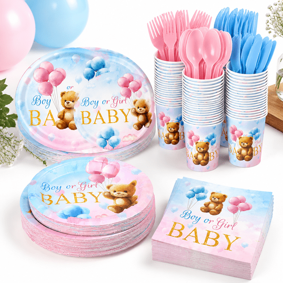 Blue Pink Bear 400 Piece Disposable Gender Reveal Party Supply Set for 50 Guests
