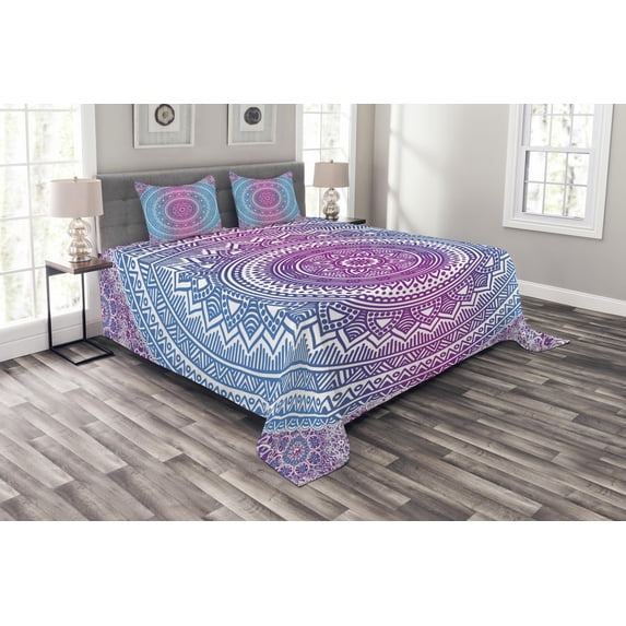 Blue and Pink Bedspread Set Queen Size, Ombre Mandala Floral Star Medallion Pattern Ethnic Style Bohemian, Quilted 3 Piece Decor Coverlet Set with 2 Pillow Shams, Blue White and Violet, by Ambesonne