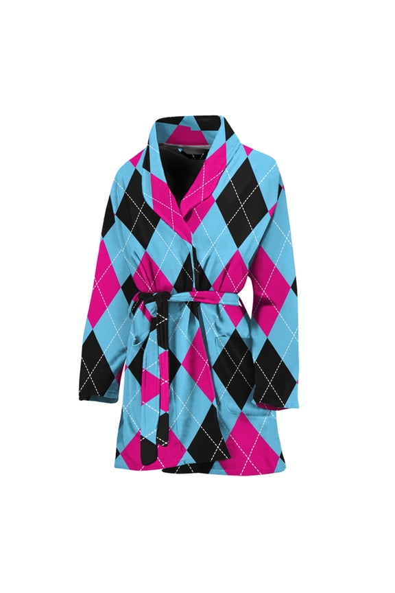 Blue Pink And Black Argyle Pattern Women Bathrobe One Size Univeral Fits, Checkered Caro Plaid Tartan Fashion Lightweight Plush Fleece Long Robe For Women