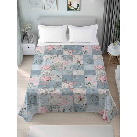 Blue Pink Botanical California King Size Flat Sheet, Wrinkleproof & Fadeproof Cooling Flat Bed Sheet Only, Spring Floral Vintage Breathable Soft Bedding Top Sheets 108 x 98 Inches